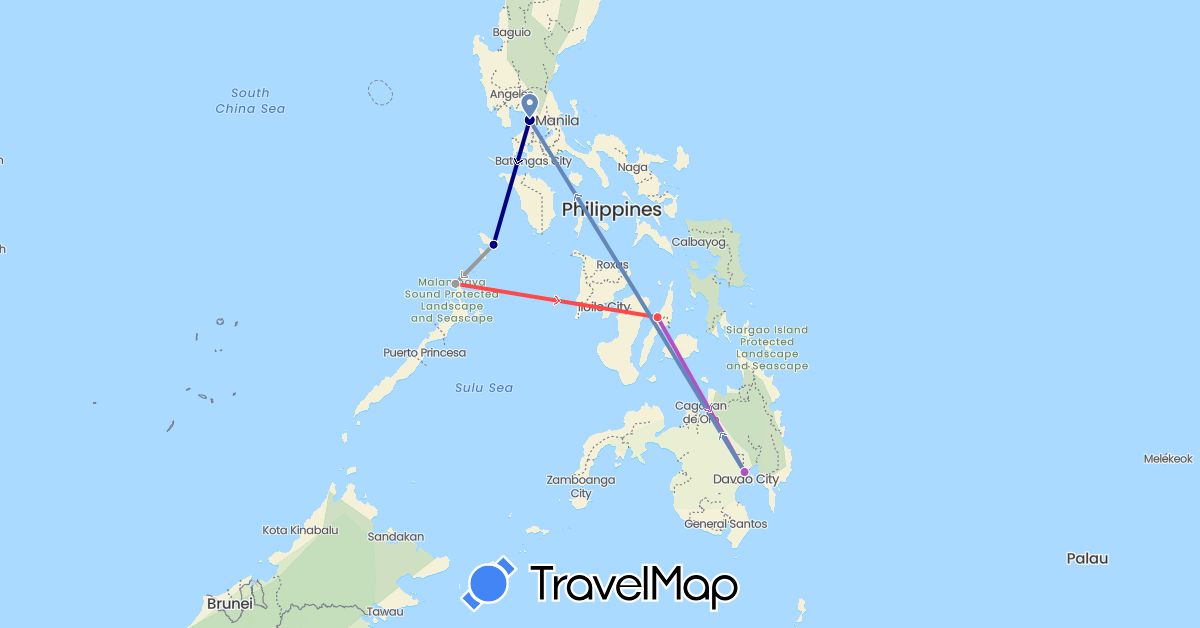TravelMap itinerary: driving, plane, cycling, train, hiking in Philippines (Asia)